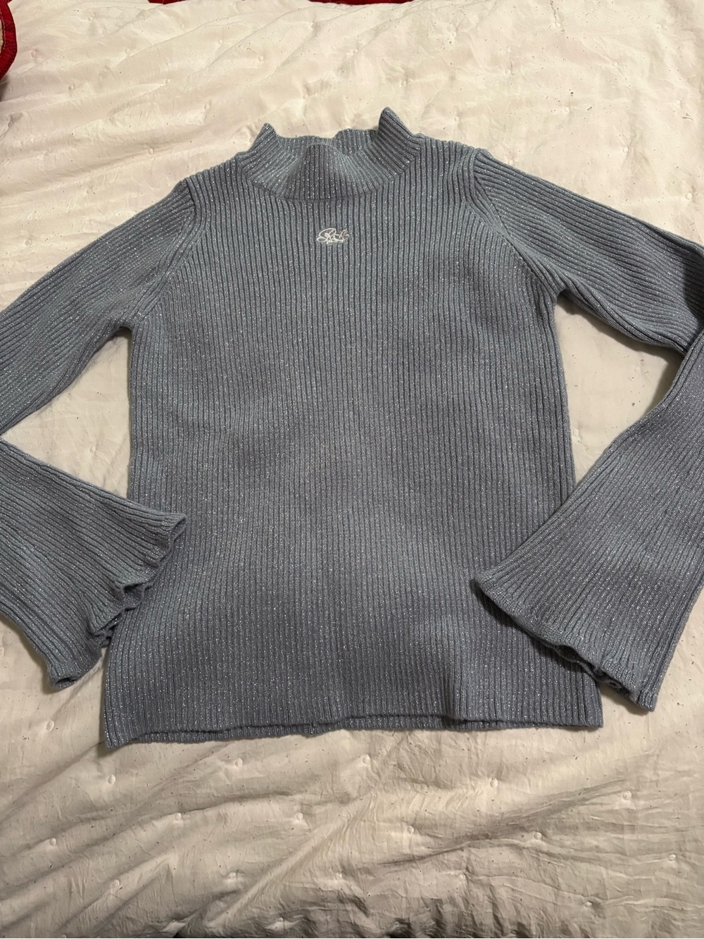 Ribbed Mock Neck Sweater with Flared Cuffs - Light Blue and sparkles in silver
